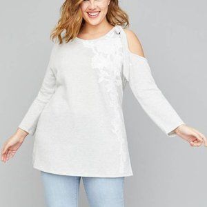 Lane Bryant | Tie Accent Floral Applique Sweatshirt | Gray & White | 14/16 (1X)